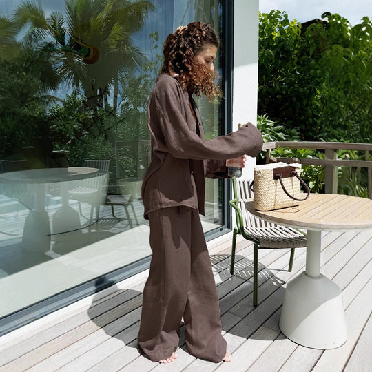 Damen Lässiges Leinen-Set mit weit geschnittenem Oberteil und Hose Heidi-Mode