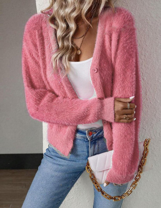 Damen Flauschiger V-Ausschnitt Cardigan mit Knopfdetail Heidi-Mode