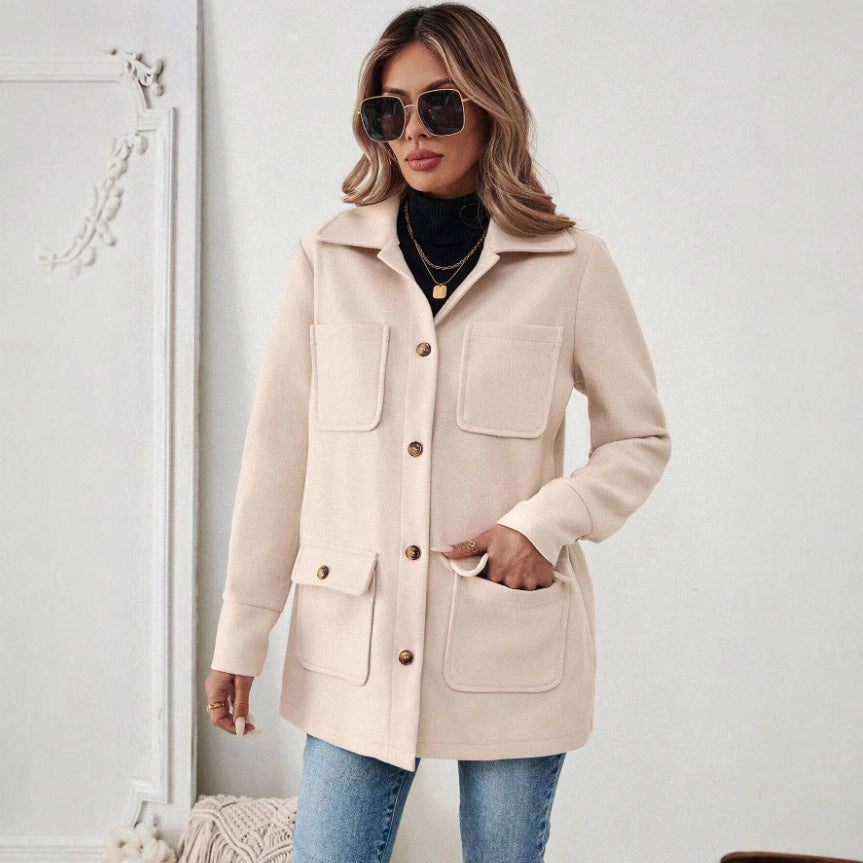 Damen Modische Utility-Jacke mit großen Taschen und goldenem Druck Heidi-Mode