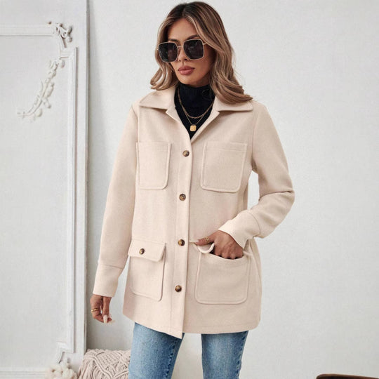 Damen Modische Utility-Jacke mit großen Taschen und goldenem Druck Heidi-Mode