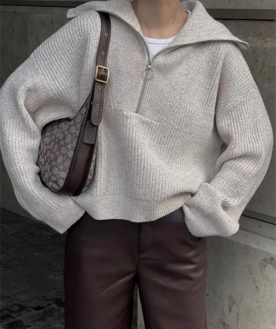 Damen Strickpullover mit Reißverschluss und lässigem Schnitt Heidi-Mode