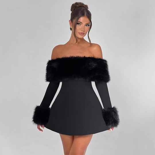 Damen Off-Shoulder Cocktailkleid mit eleganten Flauschesäumen Heidi-Mode