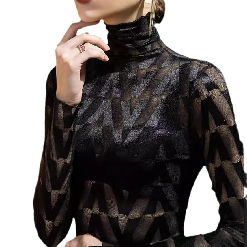 Damen Elegantes Rollkragenoberteil mit geometrischem Muster und transparenten Akzenten Heidi-Mode