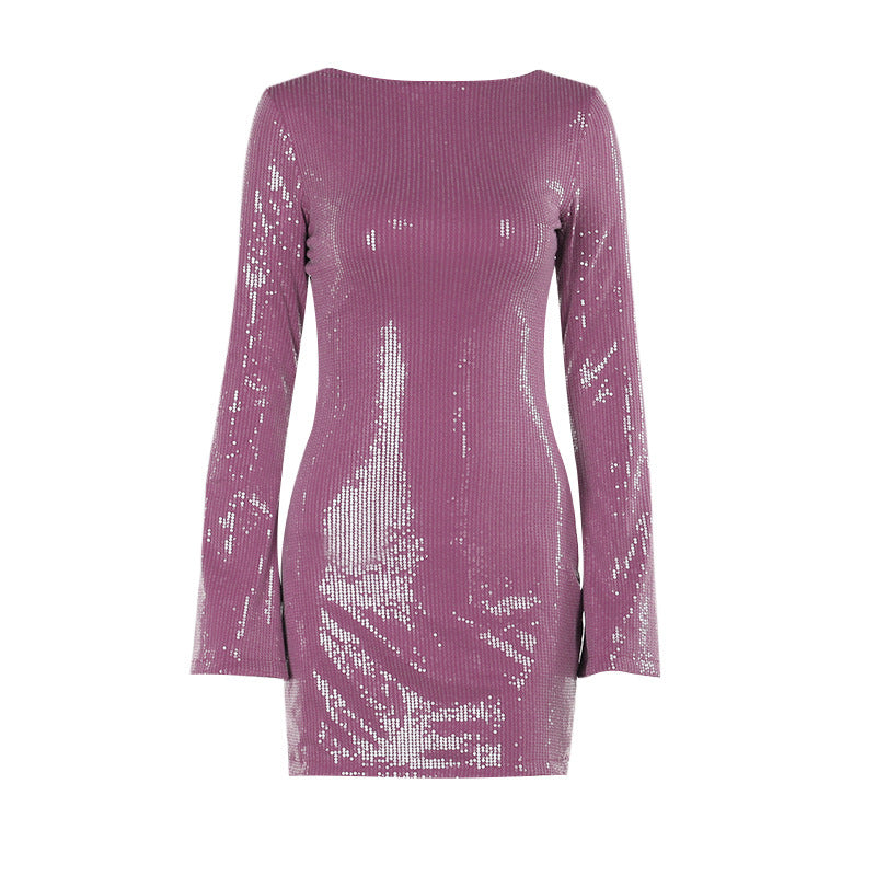 Heidi-Mode | Sexy Slim-Fit Pailletten Rückenfreies Langarm Kurzes Kleid