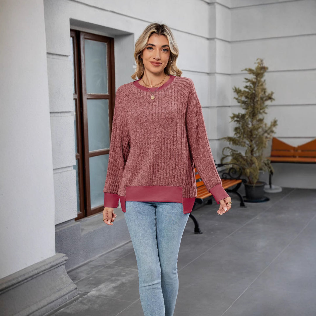 Damen lässiger Pullover mit kontrastierenden Ärmelabschlüssen und einzigartiger Textur Heidi-Mode