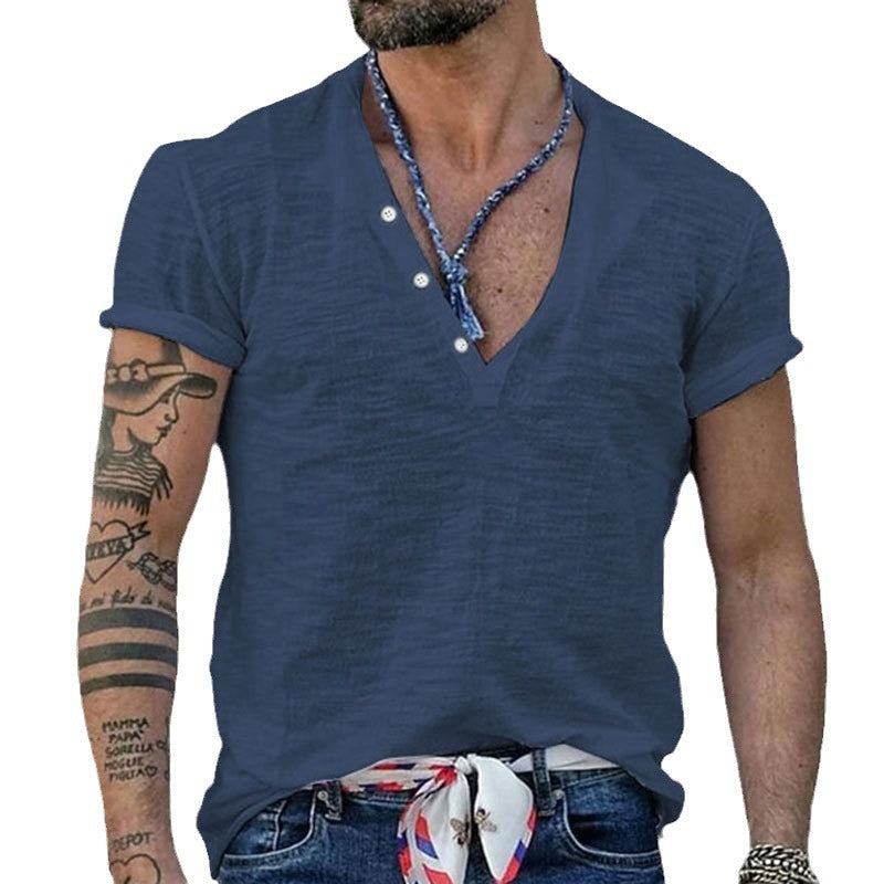 Herren Kurzarm Henley-Shirt mit dekorativen Knöpfen und atmungsaktiver Struktur Heidi-Mode