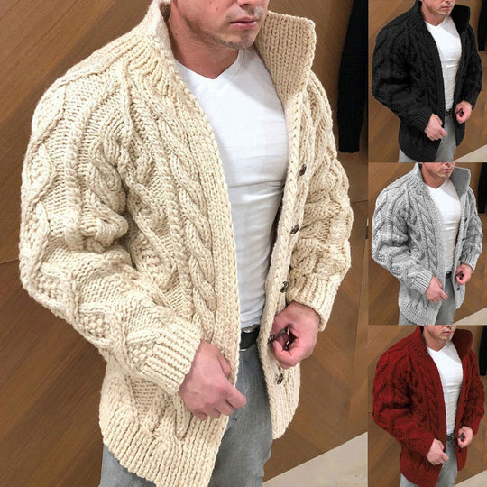 Herren Grobstrickjacke mit klassischem Stehkragen und Knopfverschluss Heidi-Mode