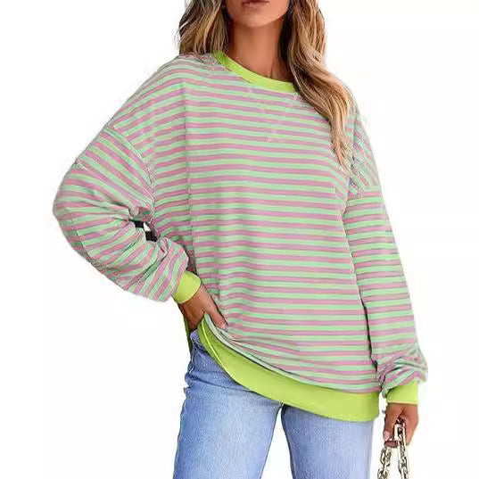 Damen lässiger gestreifter Sweatshirt mit Oversize-Schnitt und bequemen Details Heidi-Mode