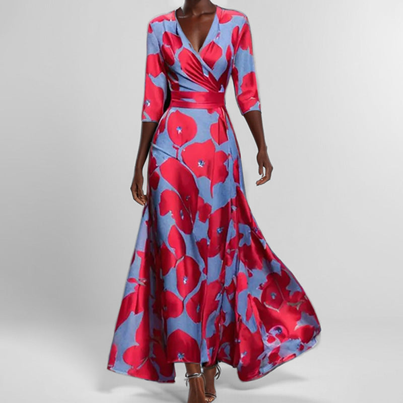 Heidi-Mode | Elegantes V-Ausschnitt Bedrucktes Taillenkleid mit Schößchen