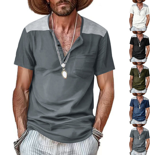 Herren Kurzarm-Henley-Shirt mit kontrastierenden Schulterdetails und praktischer Brusttasche Heidi-Mode