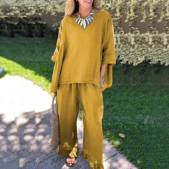Damen lässiges Leinen-Outfit mit weitem Schnitt und angeschnittenen Ärmeln Heidi-Mode