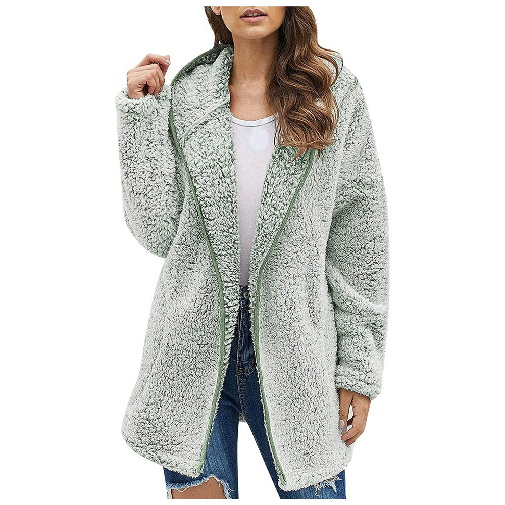 Damen Flauschige Kapuzenjacke im oversized Schnitt mit Eingrifftaschen und Reißverschluss Heidi-Mode