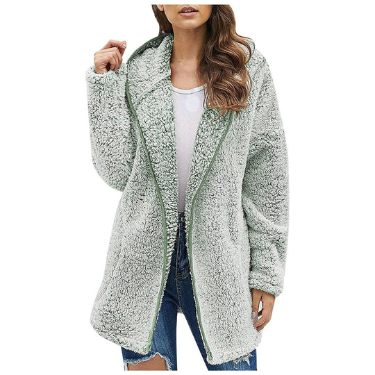 Damen Flauschige Kapuzenjacke im oversized Schnitt mit Eingrifftaschen und Reißverschluss Heidi-Mode