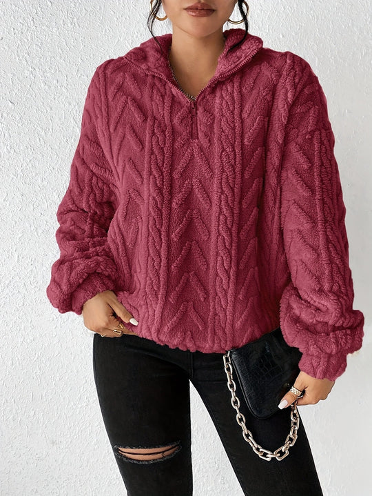 Damen Fleece Pullover mit hohem Kragen und strukturiertem Design Heidi-Mode