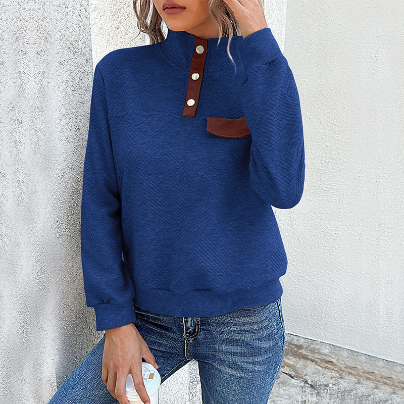 Damen Stehkragen Sweatshirt mit Knopfdetails und Brusttasche Heidi-Mode