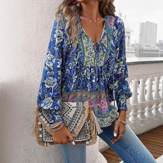 Damen Boho-Bluse mit Schleifenverzierung und floralen Mustern Heidi-Mode