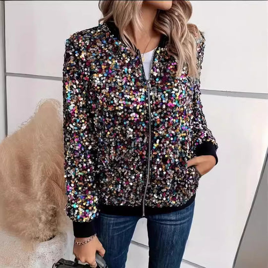 Damen Glitzer Bomberjacke mit funkelnden Pailletten und elastischen Bündchen Heidi-Mode