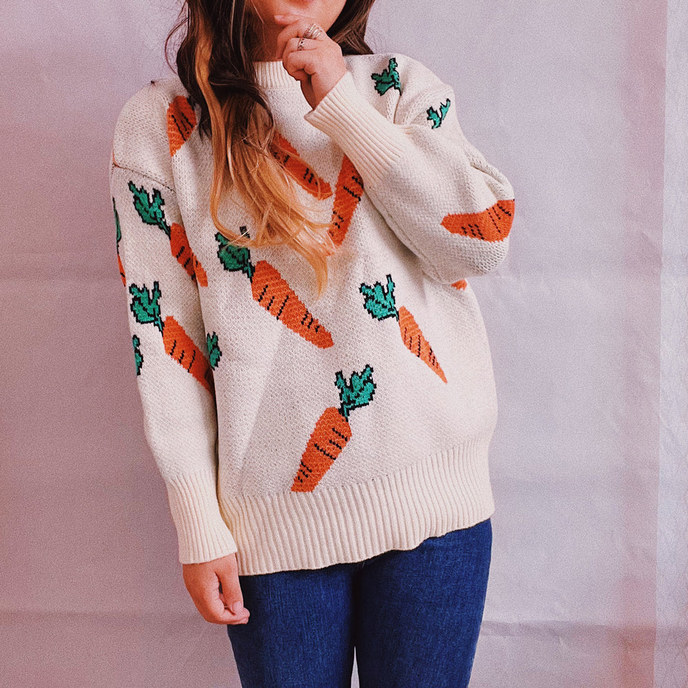 Damen lässiger Pullover mit buntem Karottenmotiv Heidi-Mode