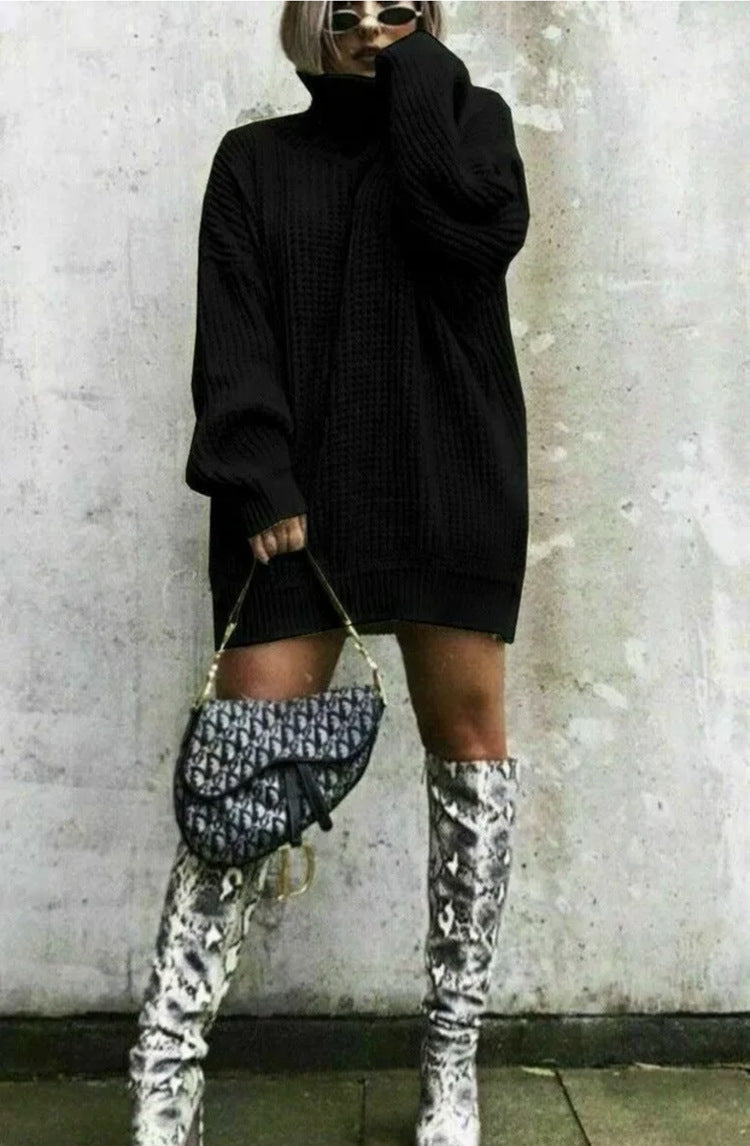 Damen Oversized Strickpullover mit hohem Kragen und Waffelmuster Heidi-Mode