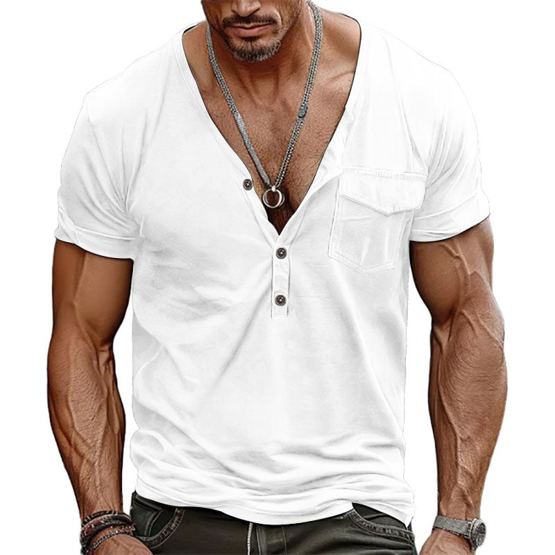 Herren Kurzarm-Henley-T-Shirt mit dekorativer Brusttasche und modernem Schnitt Heidi-Mode