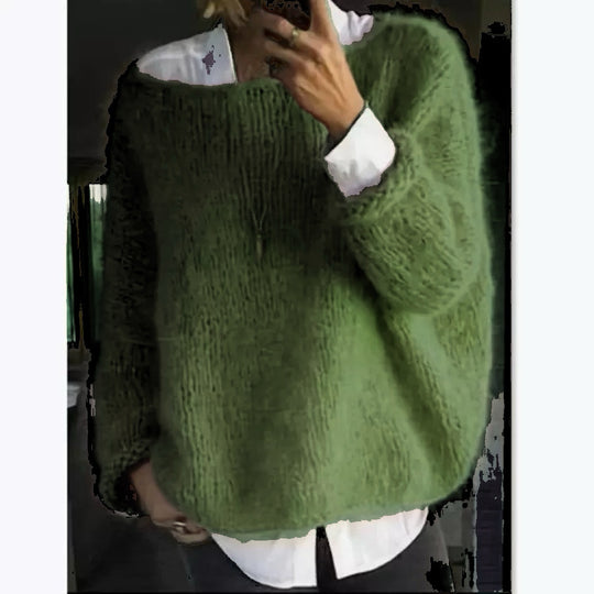 Damen kuscheliger Oversized Pullover mit U-Boot-Ausschnitt Heidi-Mode
