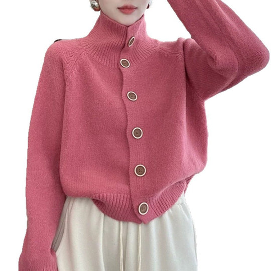 Damen kuscheliger Hochkragen-Cardigan mit Knopfdetails Heidi-Mode
