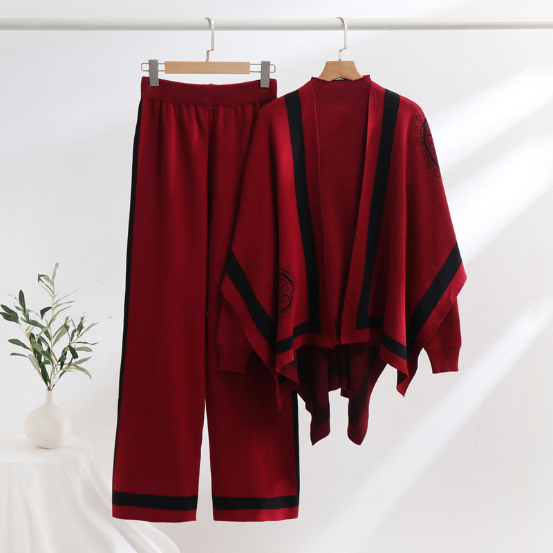 Damen elegantes Strick-Loungewear-Set mit grafischem Muster und weiten Ärmeln Heidi-Mode