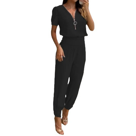Damen Jumpsuit mit V-Ausschnitt und Gummizug Heidi-Mode