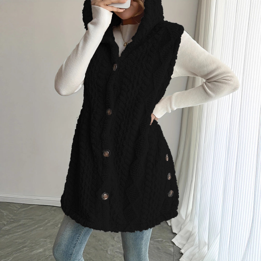 Damen Kuschelige Fleece-Weste mit Kapuze und Knopfverschluss Heidi-Mode