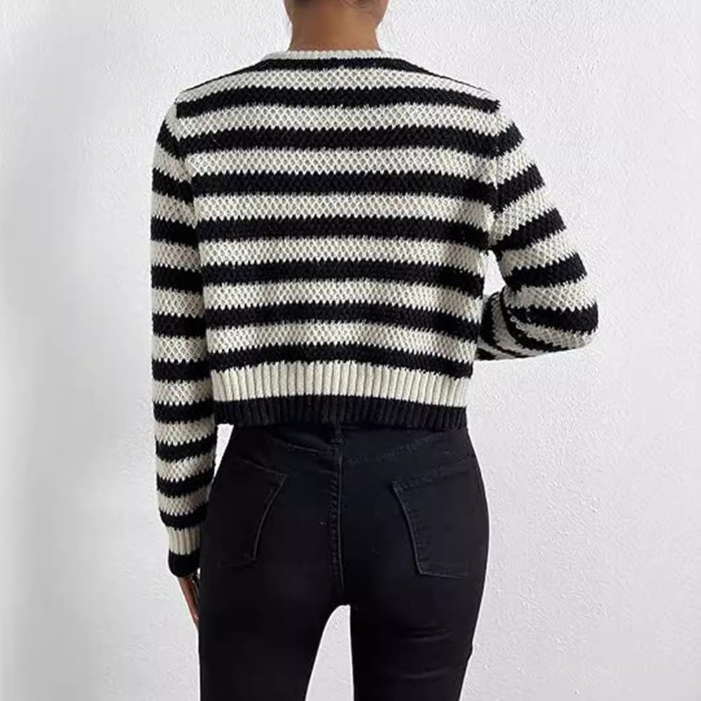 Damen gestreifte Strickjacke mit dekorativen Knöpfen Heidi-Mode