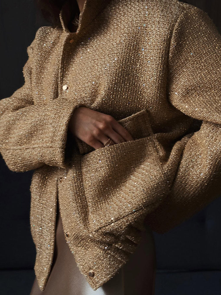 Damen Glamouröse Glitzerjacke mit oversized Schnitt und modischen Taschen Heidi-Mode