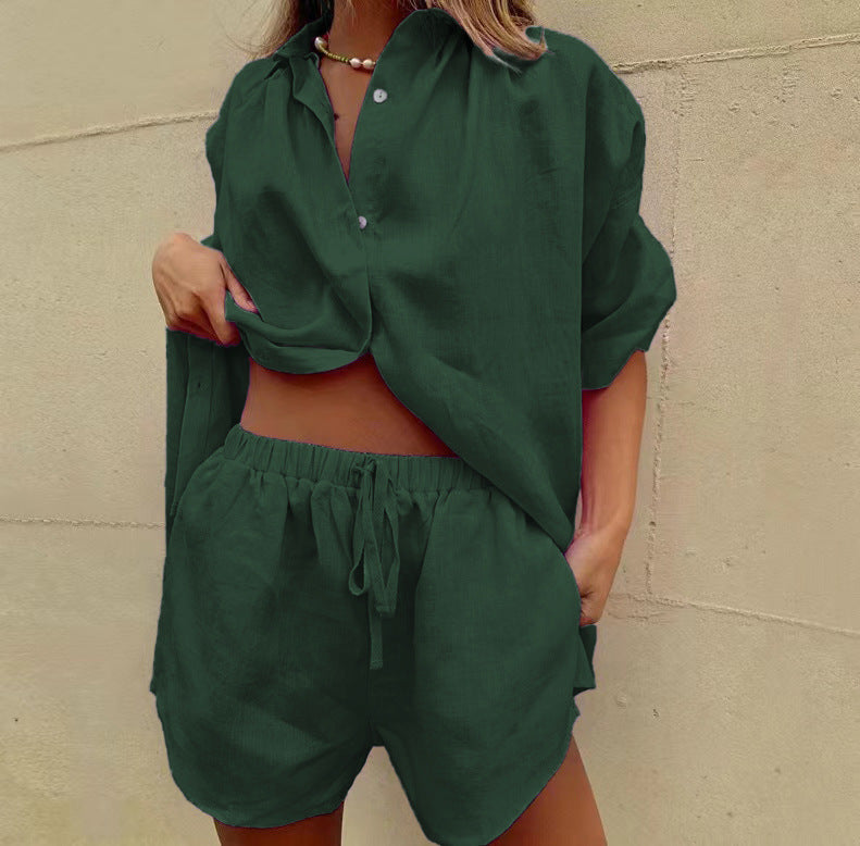 Damen lässiges Leinen-Set mit oversized Hemd und kurzen Hosen Heidi-Mode