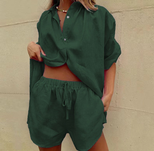 Damen lässiges Leinen-Set mit oversized Hemd und kurzen Hosen Heidi-Mode