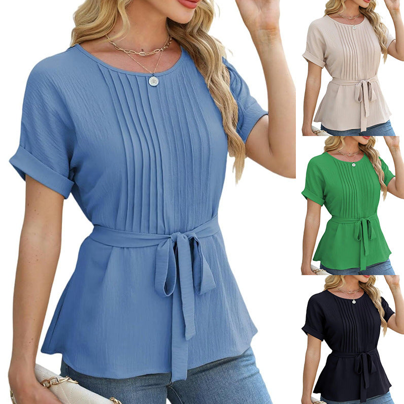 Damen modisches Blusenshirt mit eleganten Plisseedetails und Taillengürtel Heidi-Mode