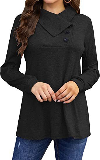 Damen asymmetrisches Sweatshirt mit hohem Kragen und praktischen Knopfdétails Heidi-Mode