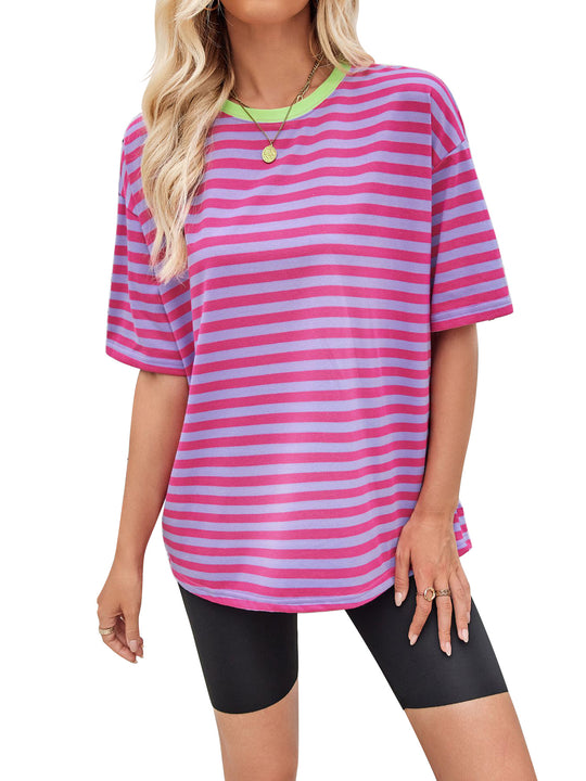 Damen gestreiftes Oversize T-Shirt mit Rundhalsausschnitt und Kontrastdetails Heidi-Mode