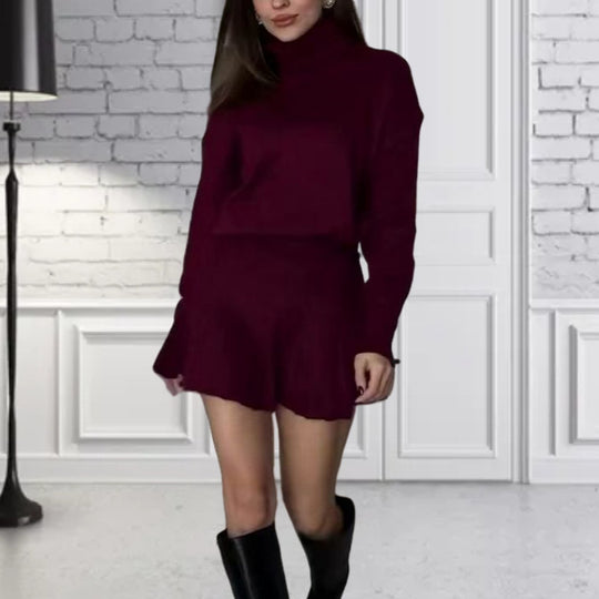 Damen Oversized Strickpullover mit hochwertiger Rippstruktur und passendem Minirock Heidi-Mode