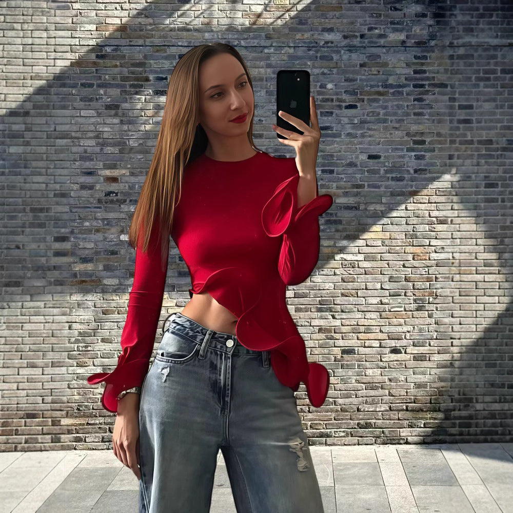 Damen Trendy Oberteil mit asymmetrischen Rüschendetails und elegantes Design Heidi-Mode