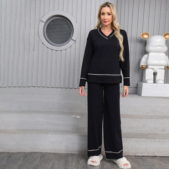 Damen entspannendes Loungewear-Set mit V-Ausschnitt und breiten Hosen Heidi-Mode