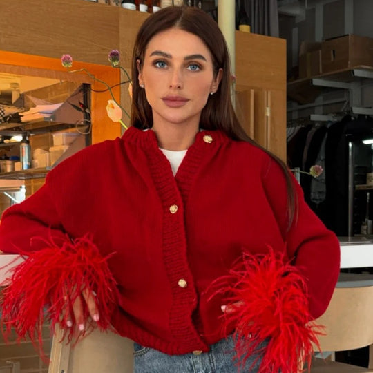 Damen lässige Strickjacke mit dekorativen Fransen und hochwertigen Knöpfen Heidi-Mode