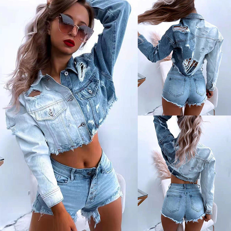 Damen Cropped Denimjacke mit fransigen Details und trendigem Destroyed-Look Heidi-Mode
