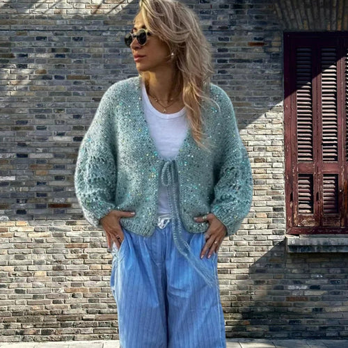 Damen Grobstrickjacke mit festlichem Knotendetail und weit geschnittenen Ärmeln Heidi-Mode