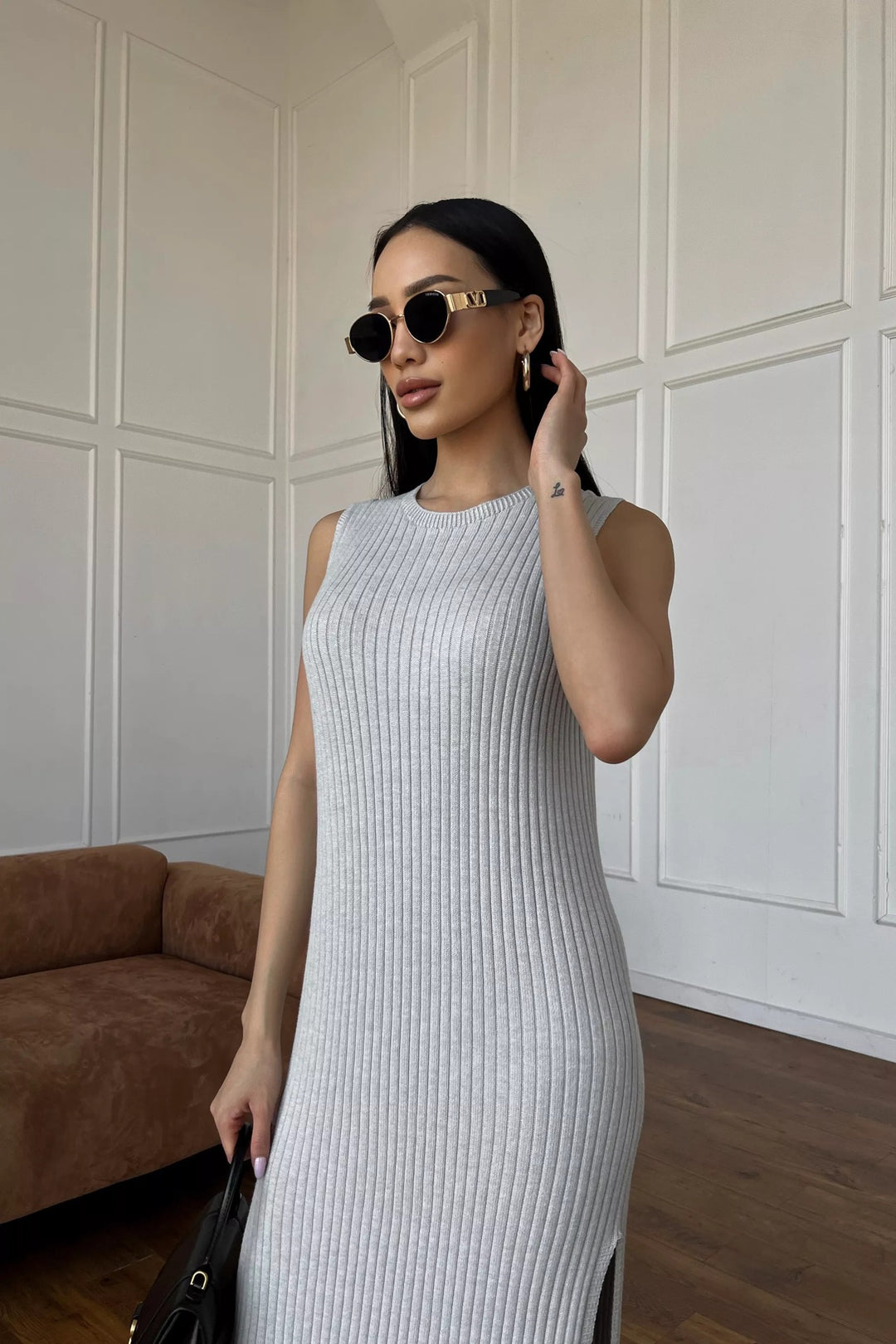 Damen Rippstrick-Midi-Kleid mit Stehkragen Heidi-Mode
