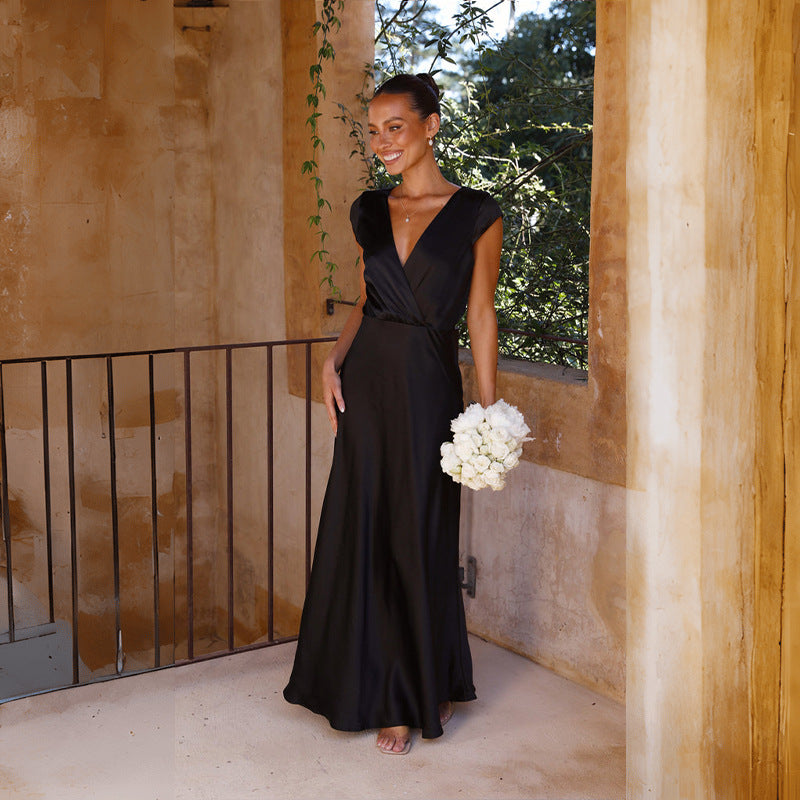 Damen Elegantes Langkleid mit V-Ausschnitt und fließendem Schnitt Heidi-Mode