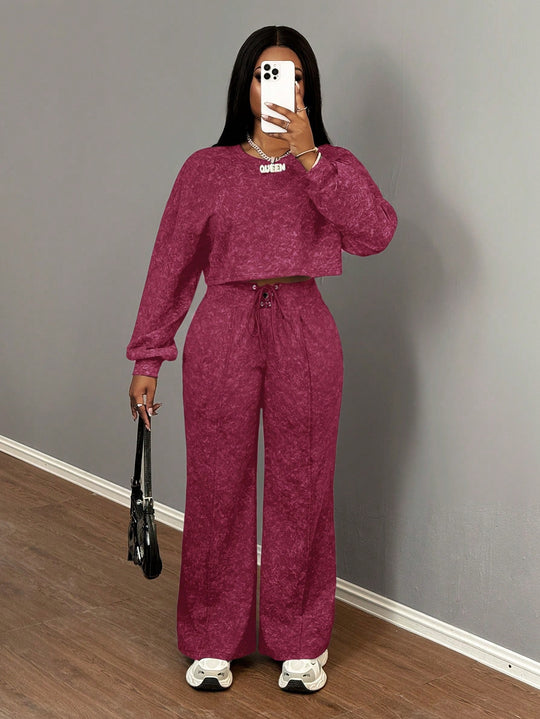 Damen lässiges cropped Lounge-Set mit weitem Hosen und praktischem Kordelzug Heidi-Mode