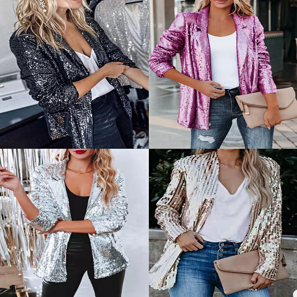 Damen Glamouröse Blazerjacke mit Paillettenbesatz und langem Arm Heidi-Mode