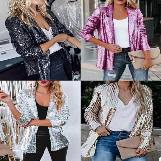 Damen Glamouröse Blazerjacke mit Paillettenbesatz und langem Arm Heidi-Mode