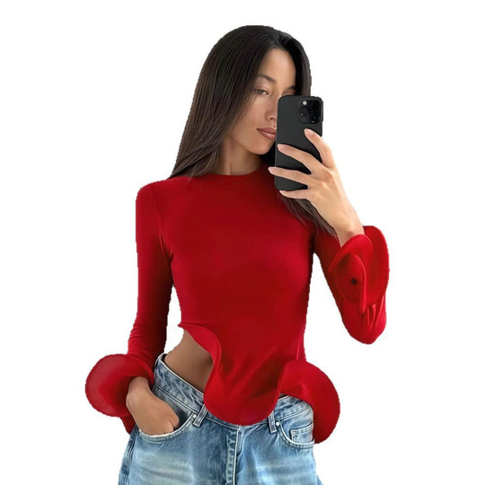 Damen Trendy Oberteil mit asymmetrischen Rüschendetails und elegantes Design Heidi-Mode