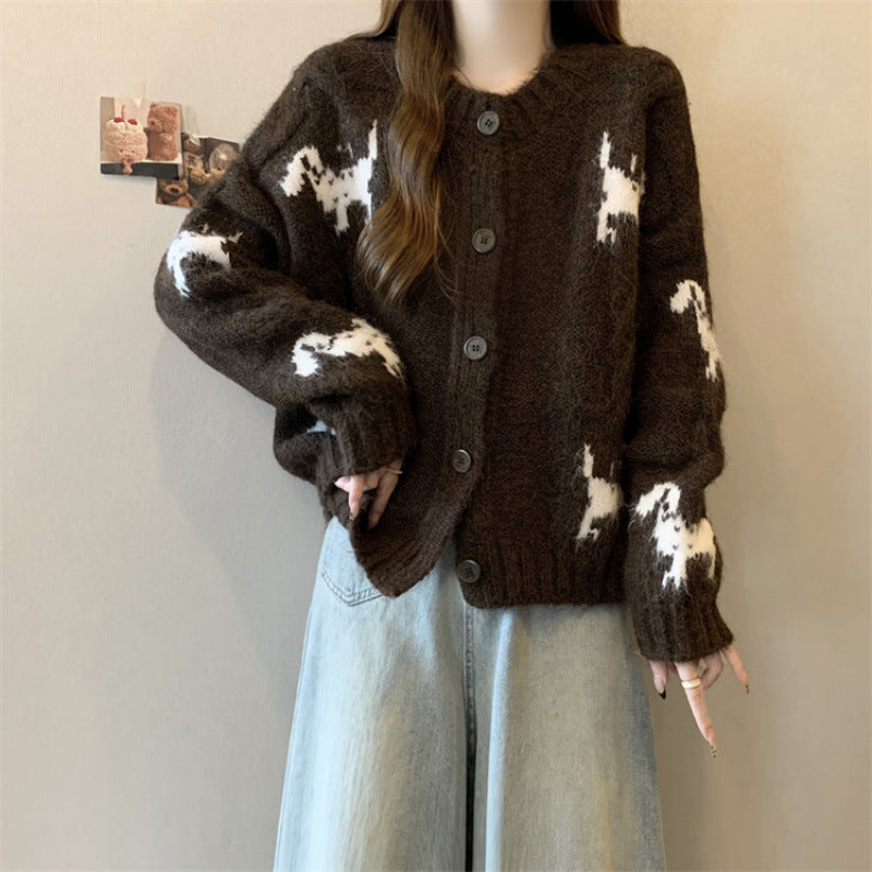 Damen Gemusterter Strickcardigan mit tierischem Motiv und bequemen Oversized-Schnitten Heidi-Mode
