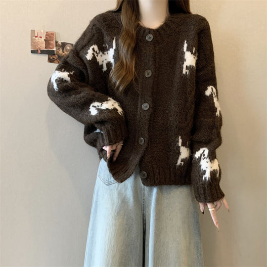 Damen Gemusterter Strickcardigan mit tierischem Motiv und bequemen Oversized-Schnitten Heidi-Mode